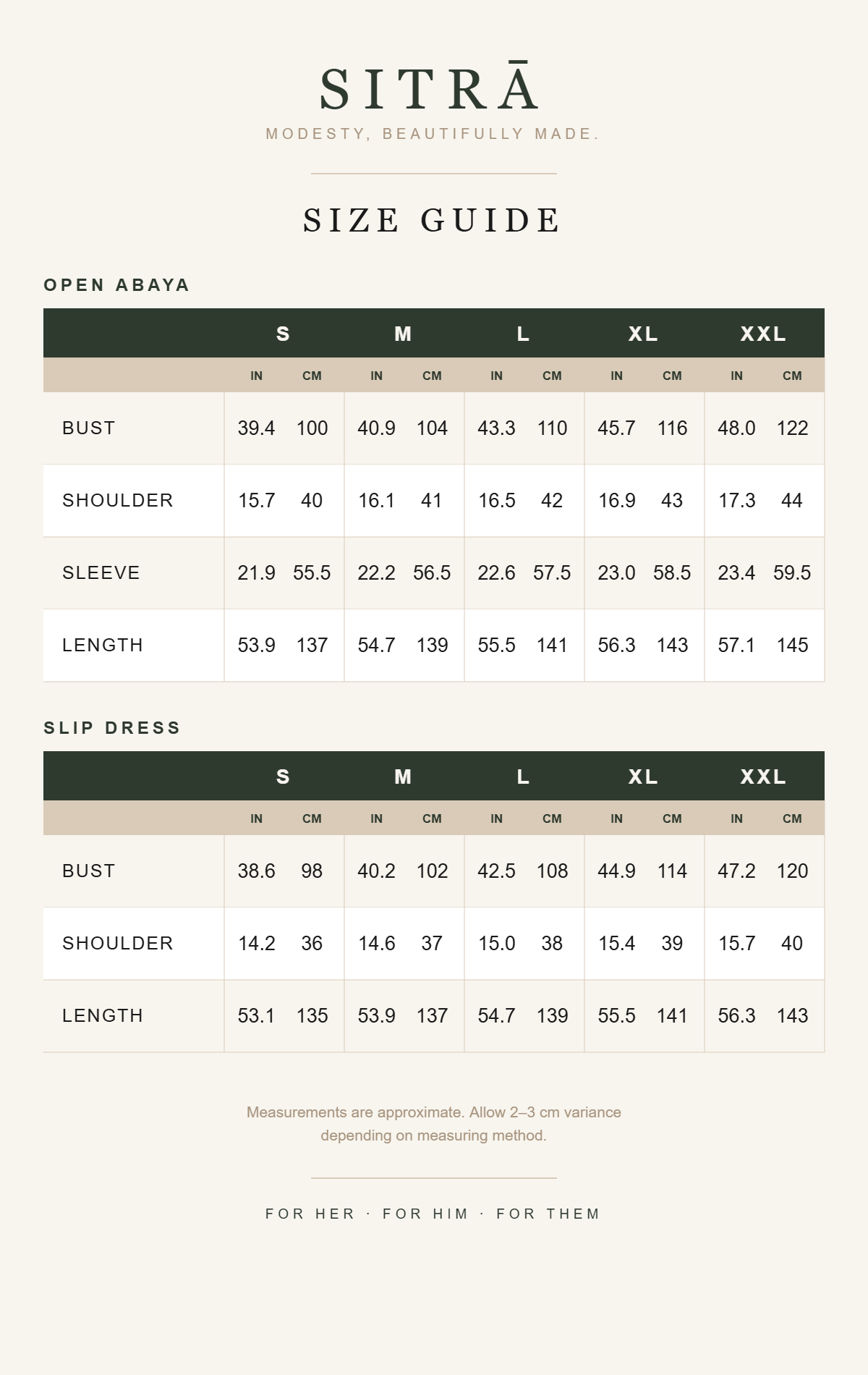 SITRĀ size guide