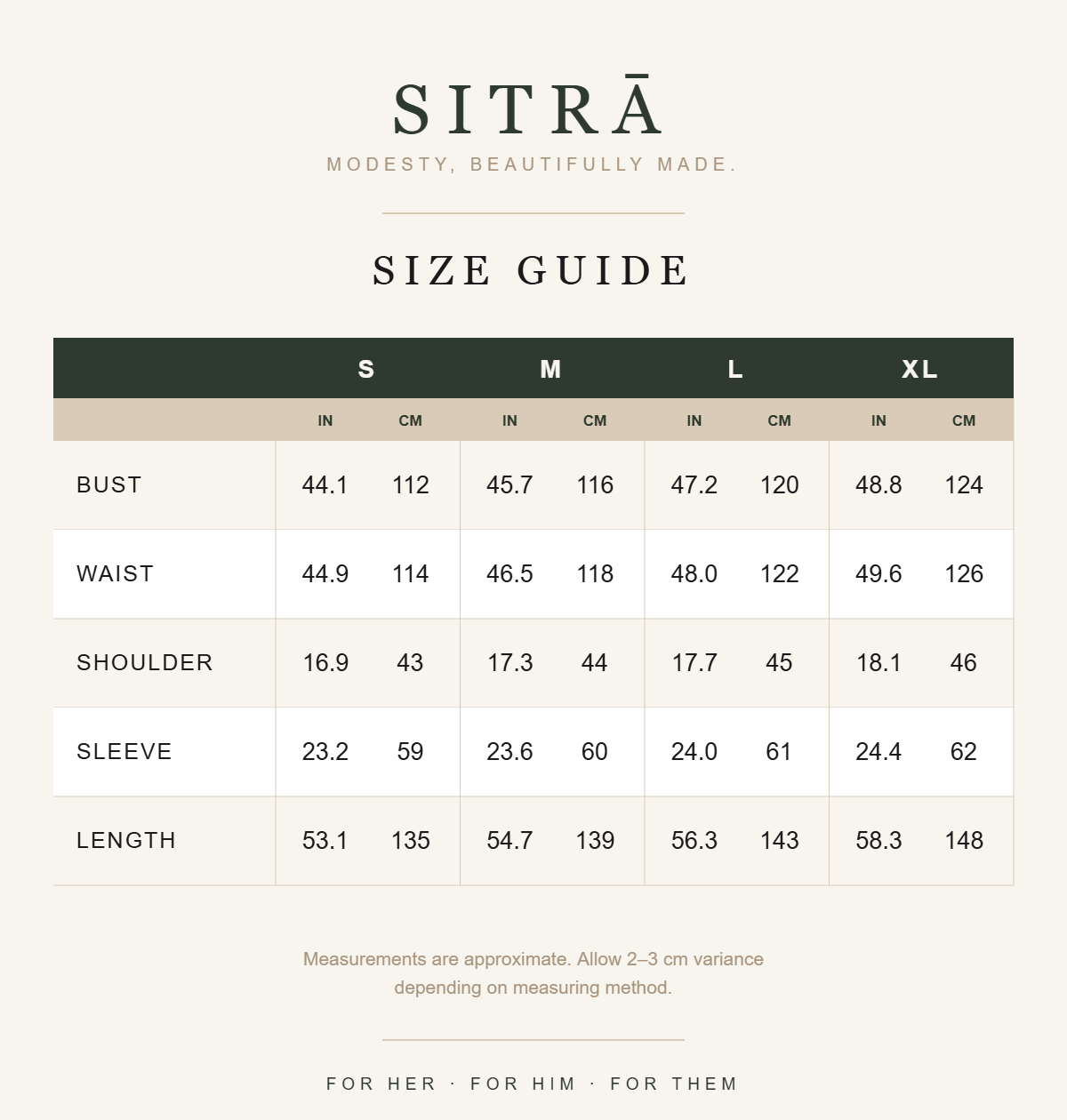 SITRĀ size guide