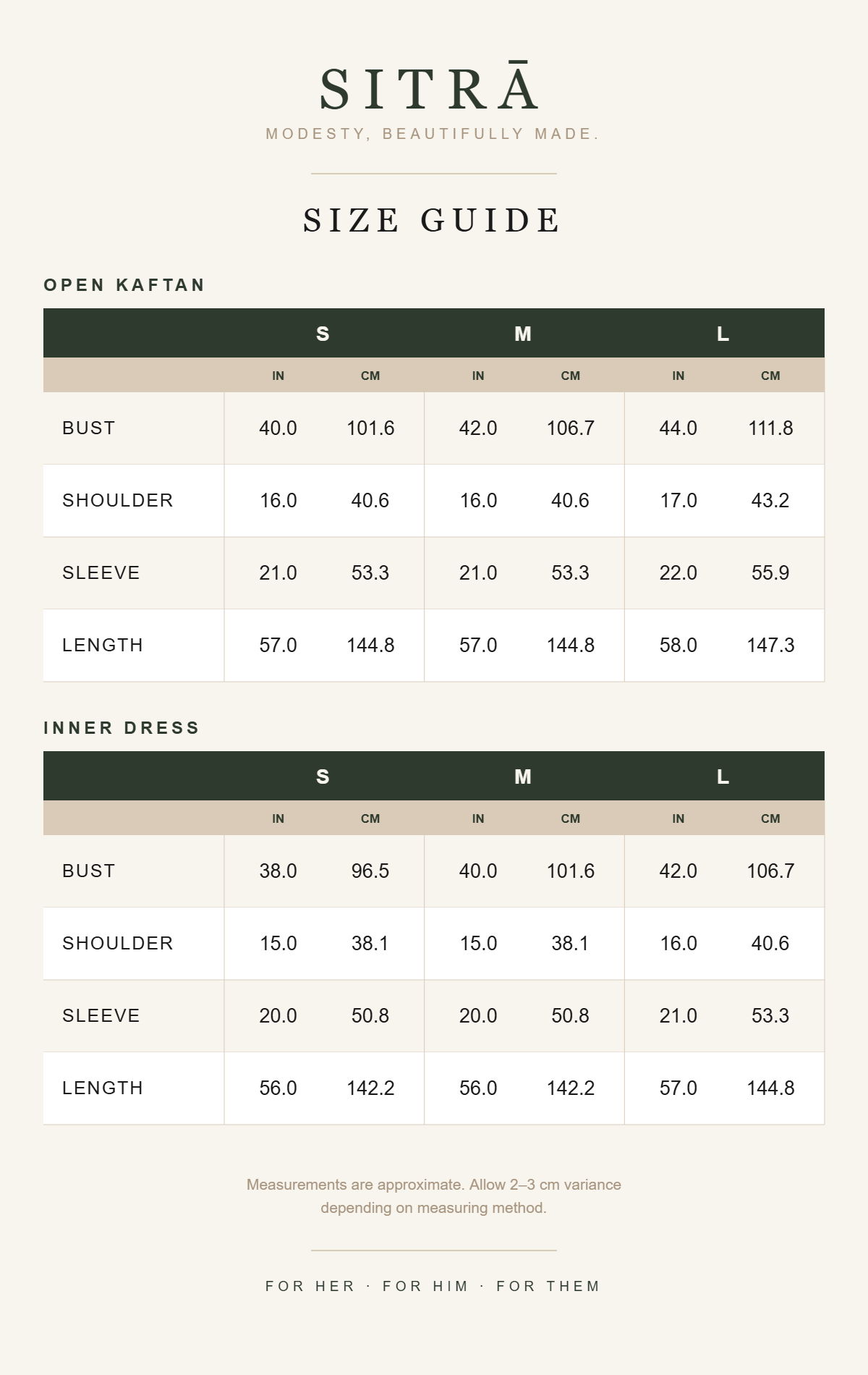 SITRĀ size guide