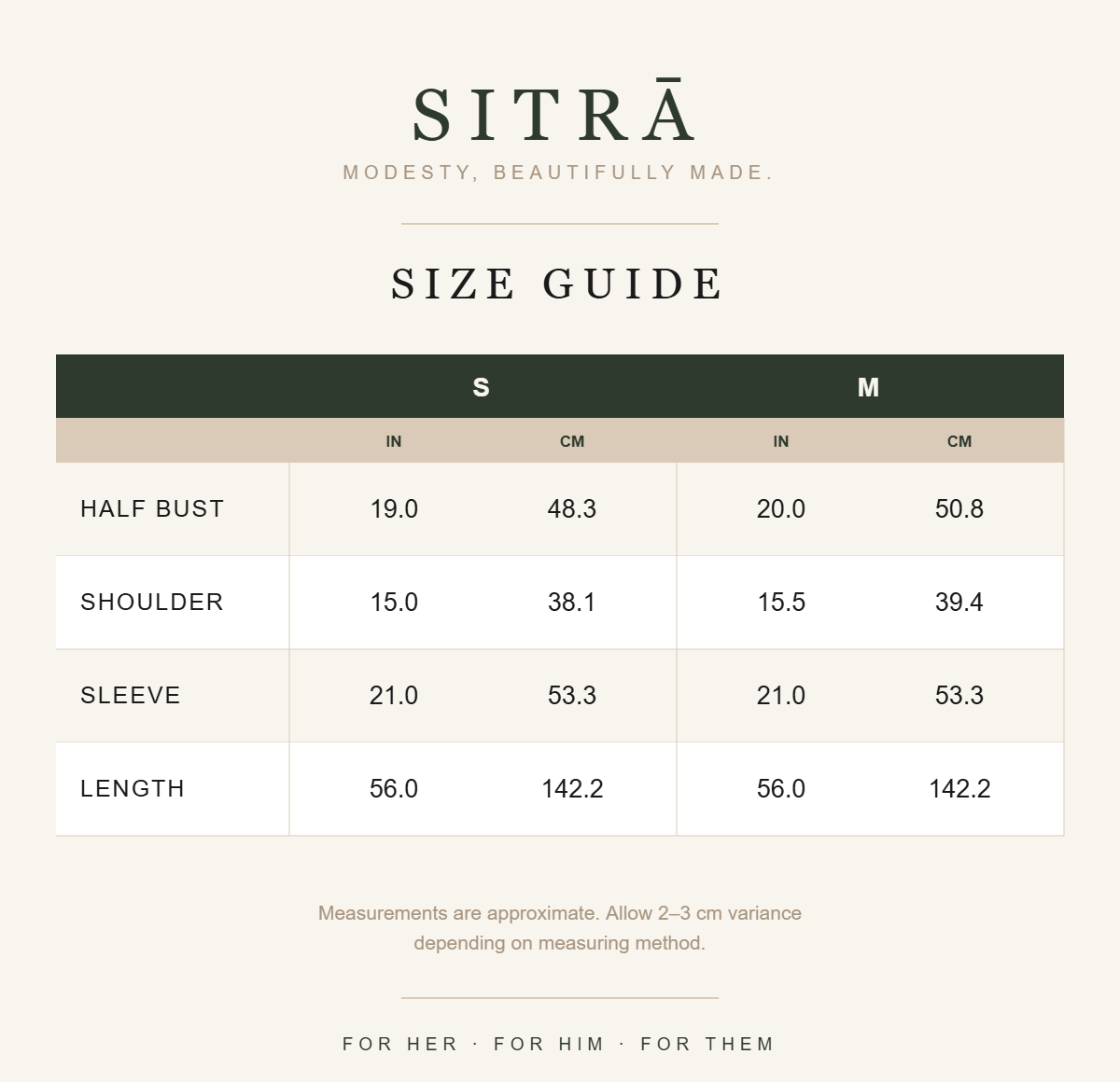 SITRĀ size guide