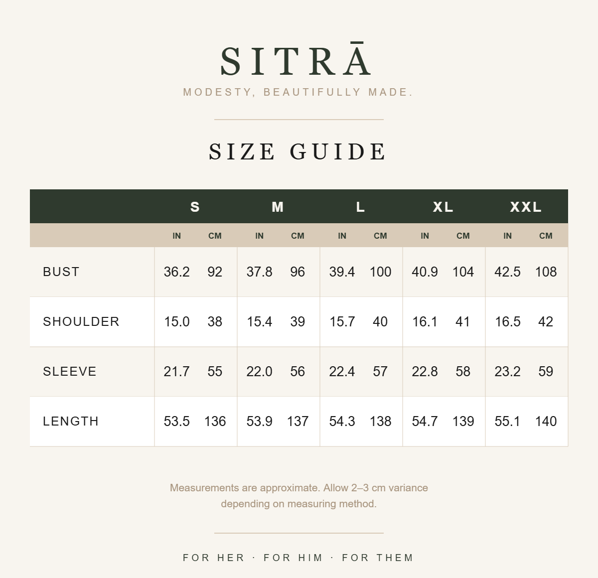 SITRĀ size guide