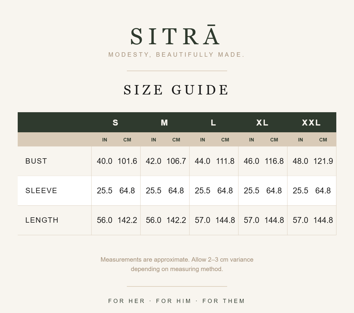 SITRĀ size guide