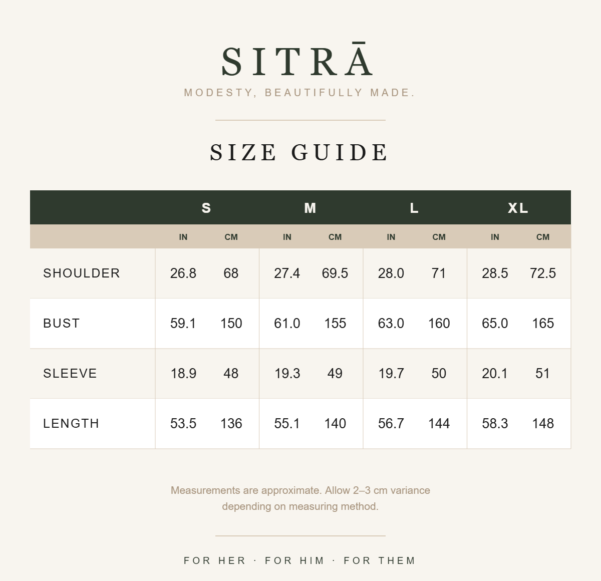 SITRĀ size guide