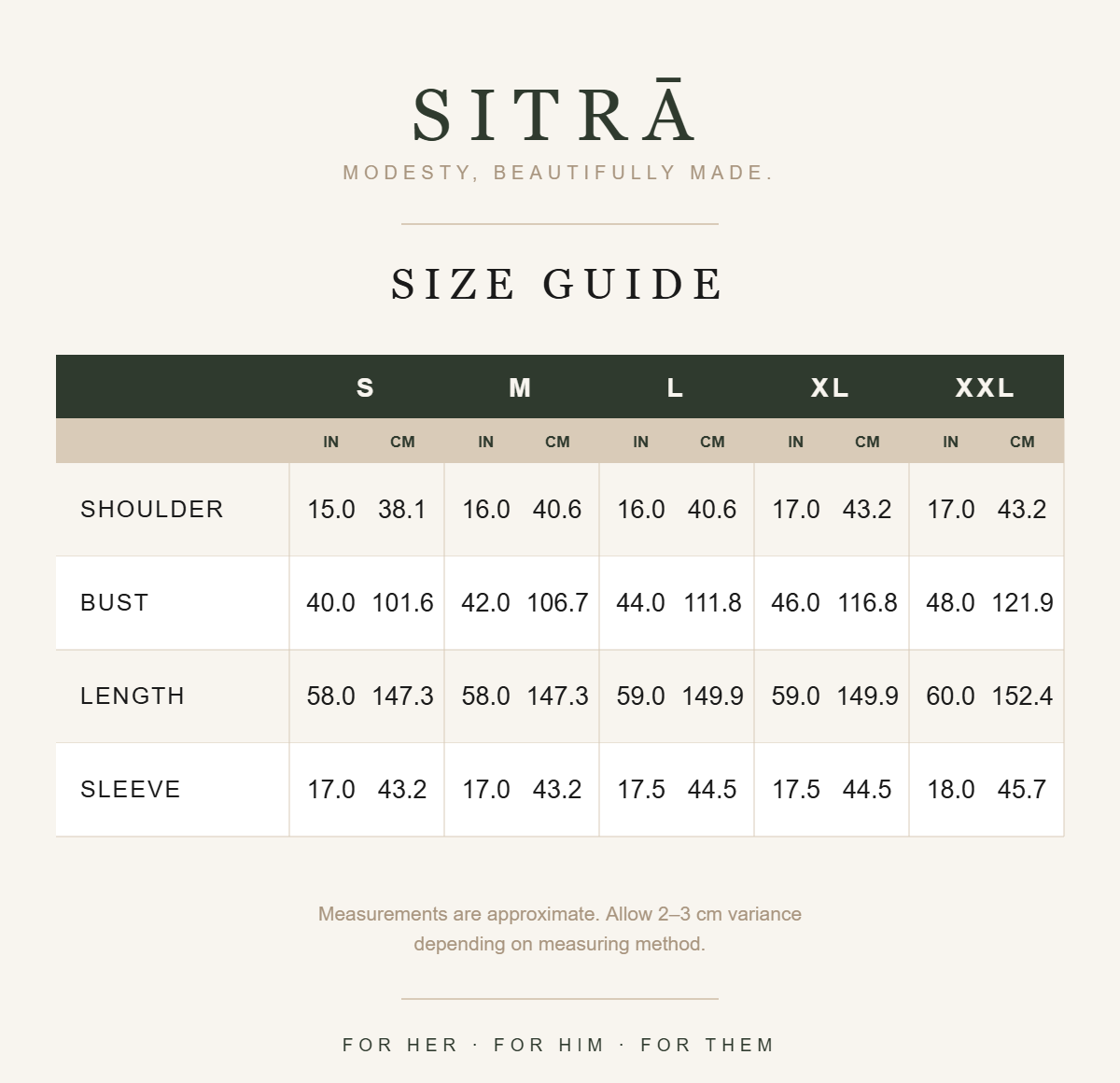 SITRĀ size guide