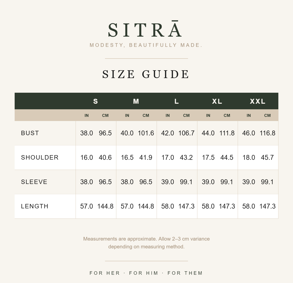 SITRĀ size guide