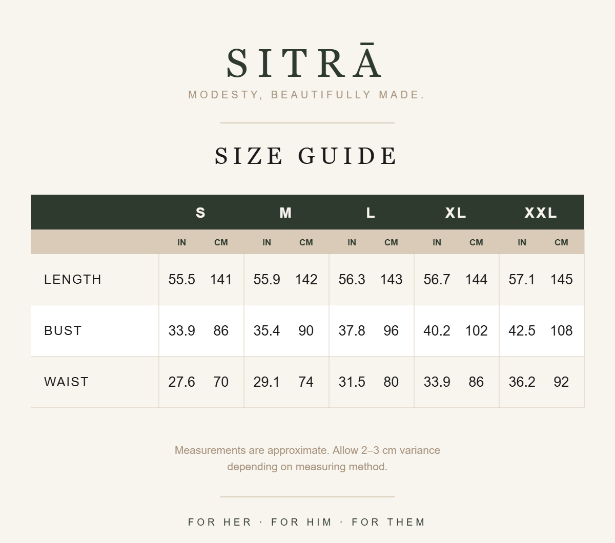 SITRĀ size guide