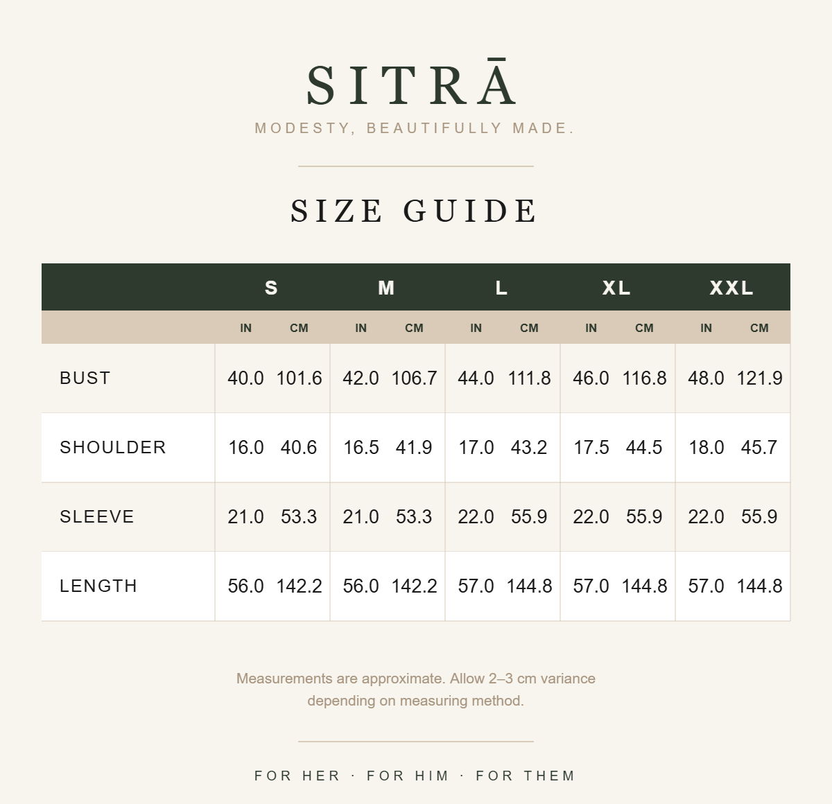 SITRĀ size guide