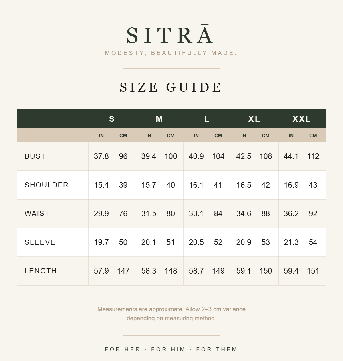 SITRĀ size guide