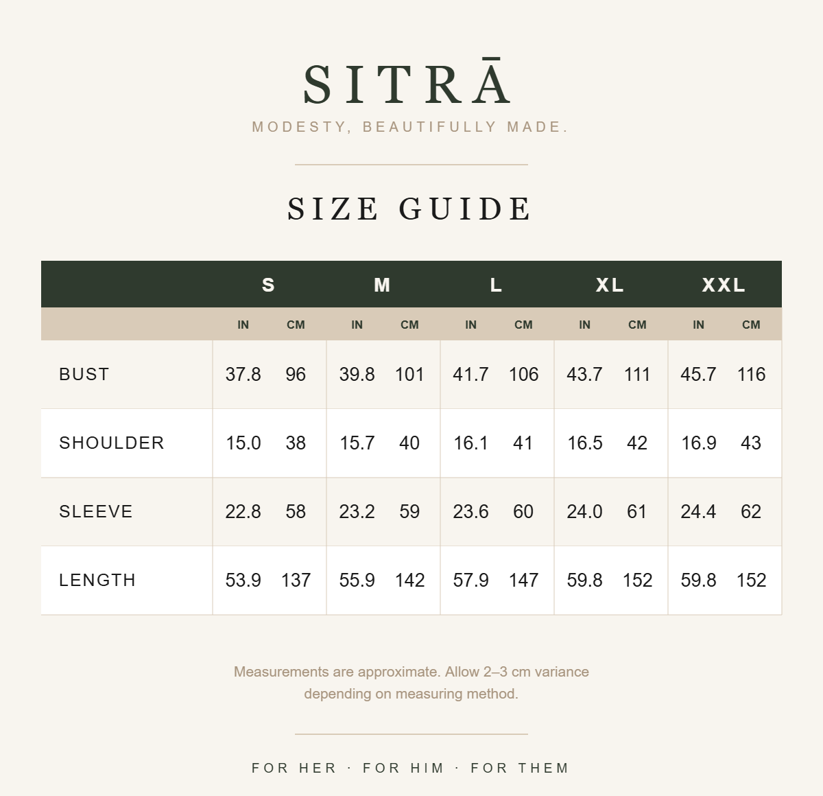 SITRĀ size guide
