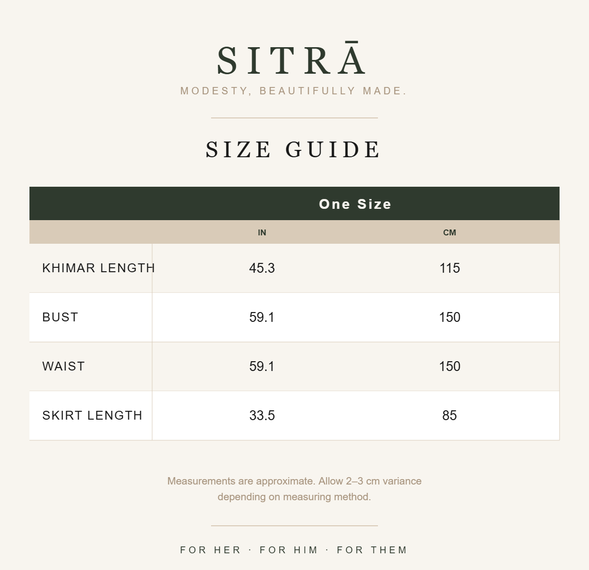 SITRĀ size guide