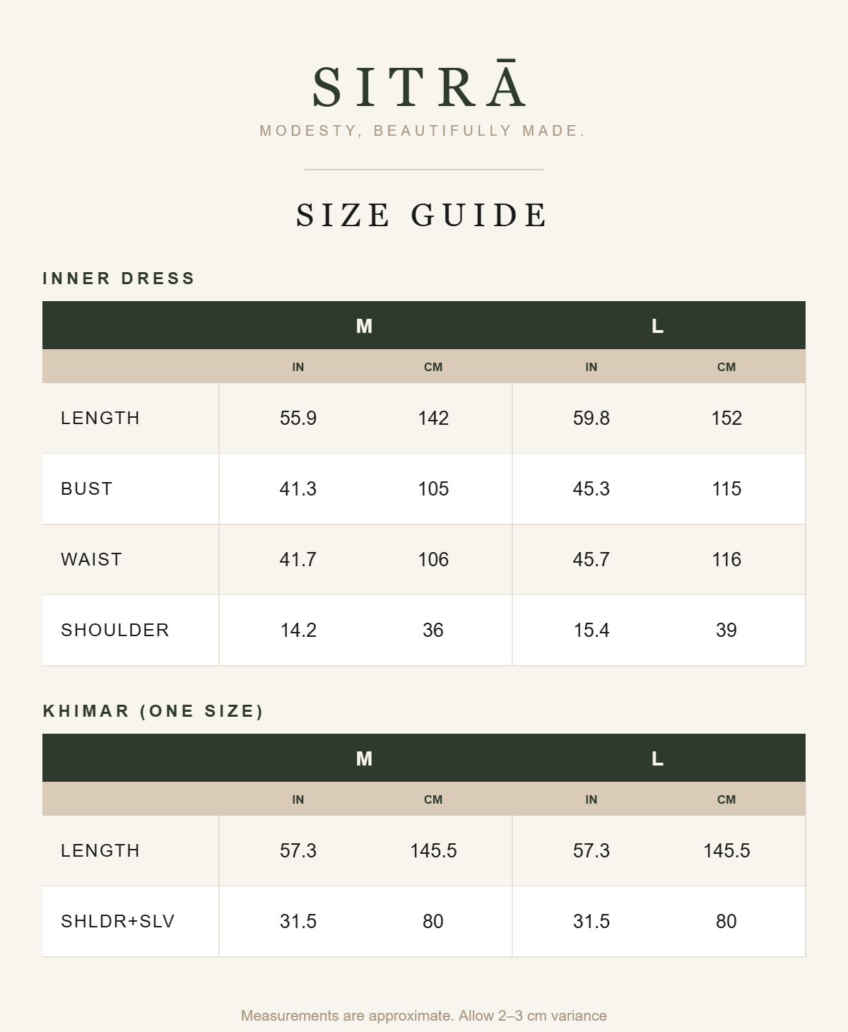 Crinkle overhead khimar prayer set — SITRĀ size guide