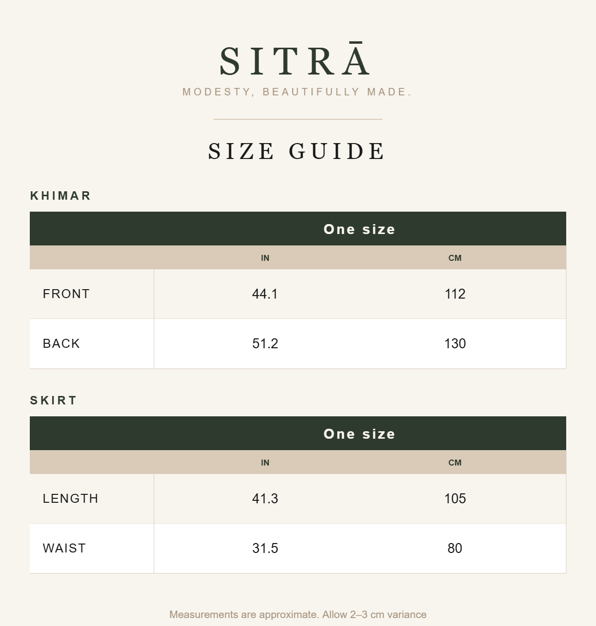 Two-piece khimar and skirt prayer set — SITRĀ size guide