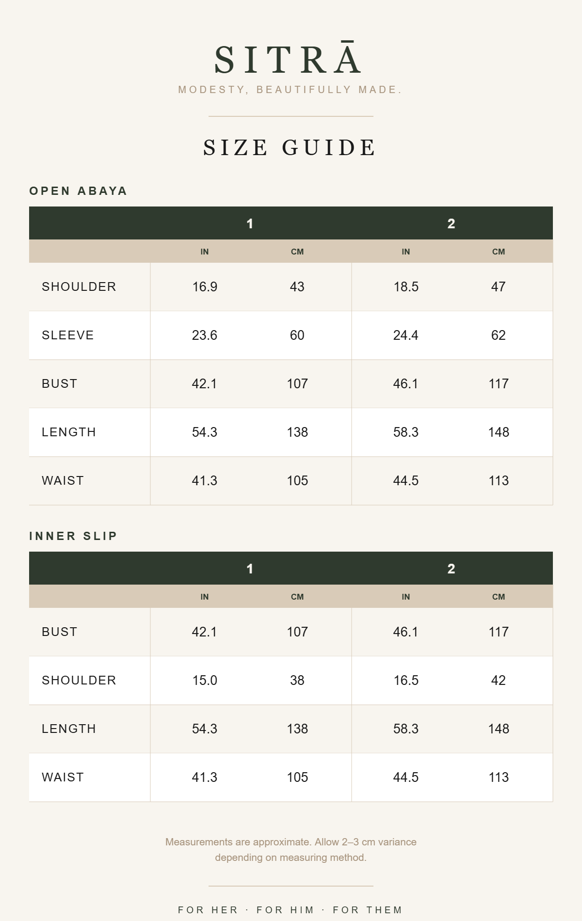 SITRĀ size guide