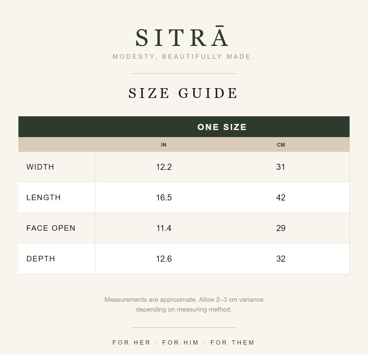SITRĀ size guide