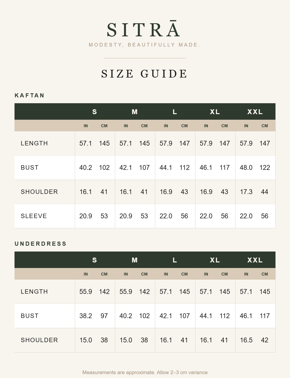 Wafa printed kaftan and underdress set — SITRĀ size guide