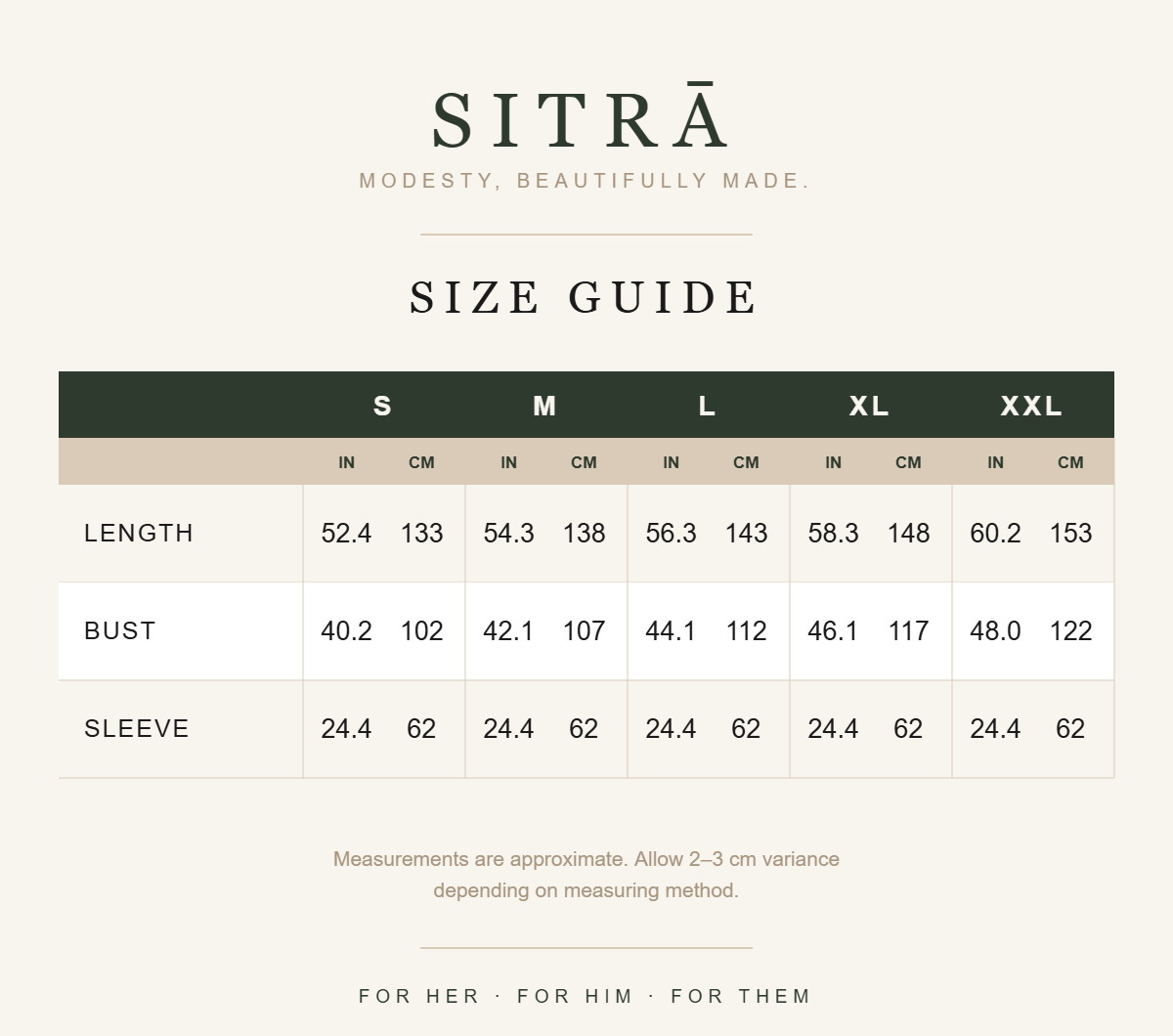 Zip-front swing abaya — SITRĀ size guide