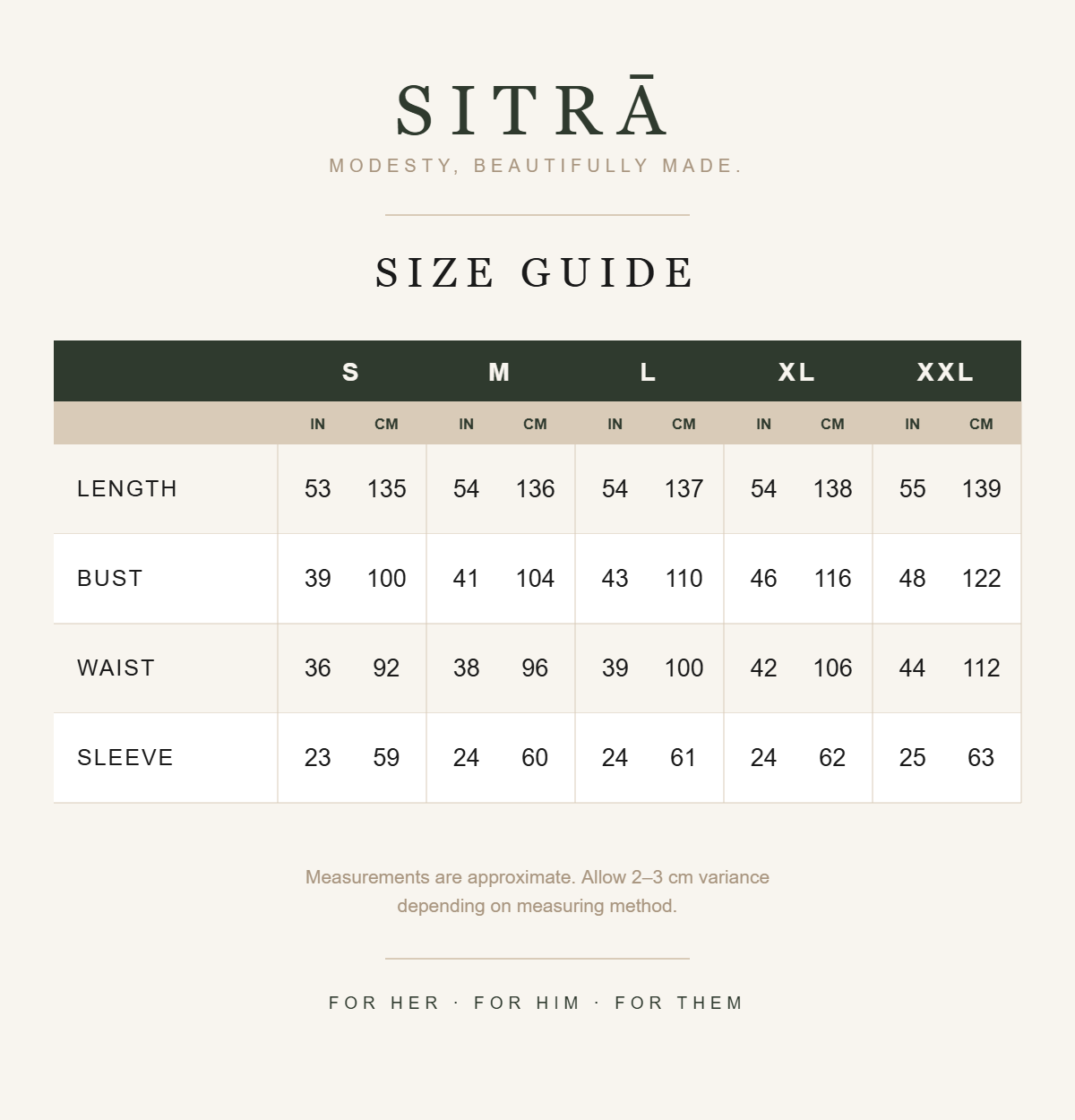 SITRA size guide