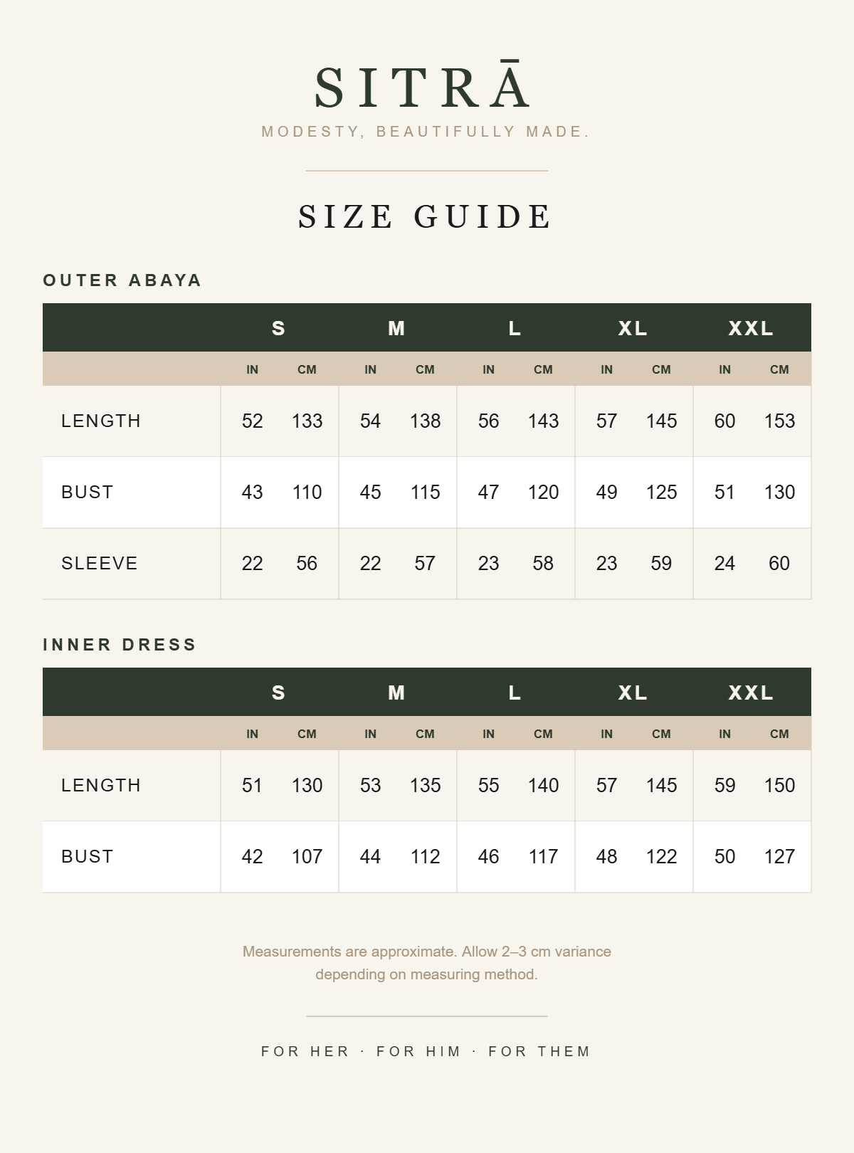SITRA size guide