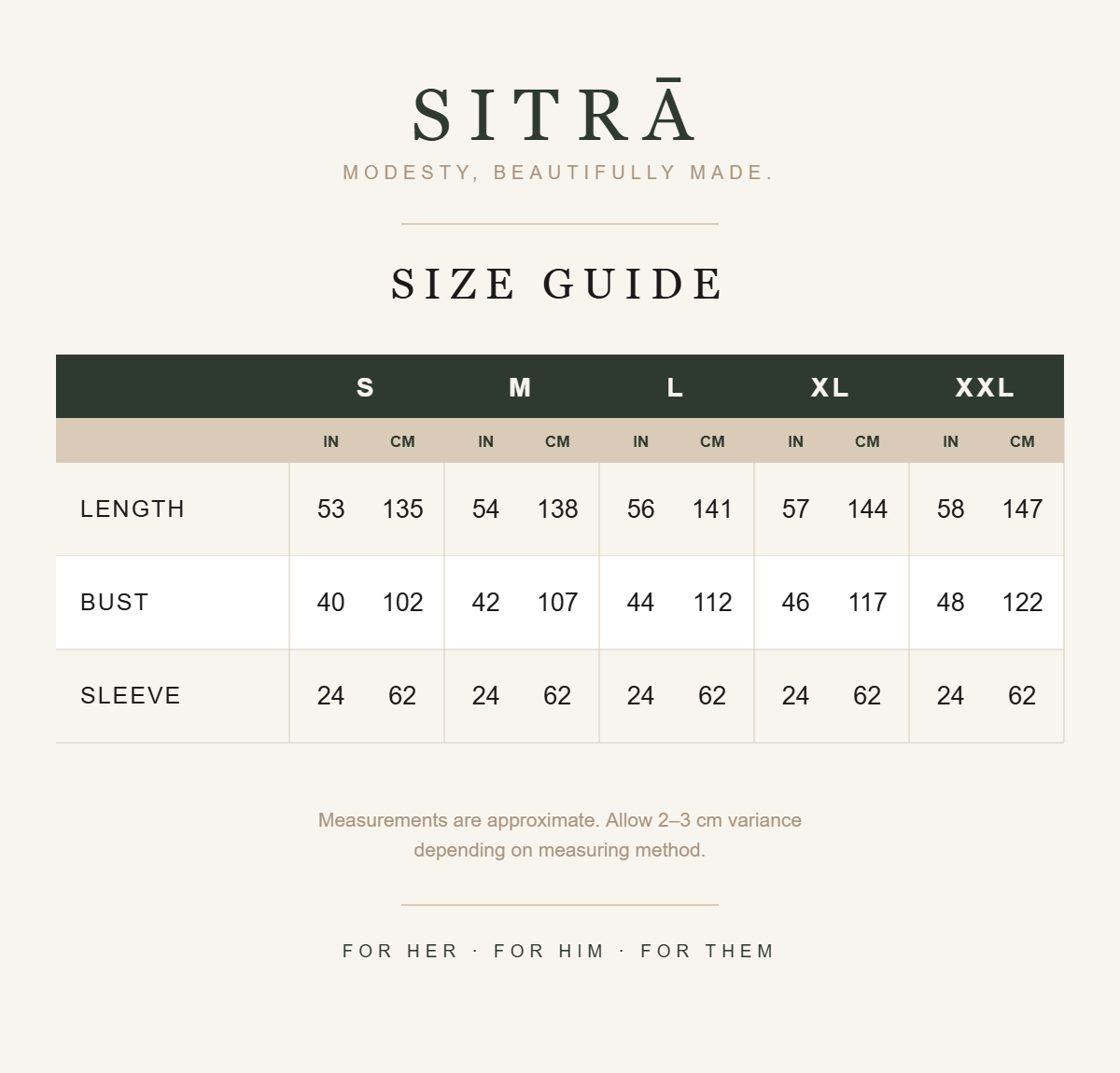 SITRA size guide
